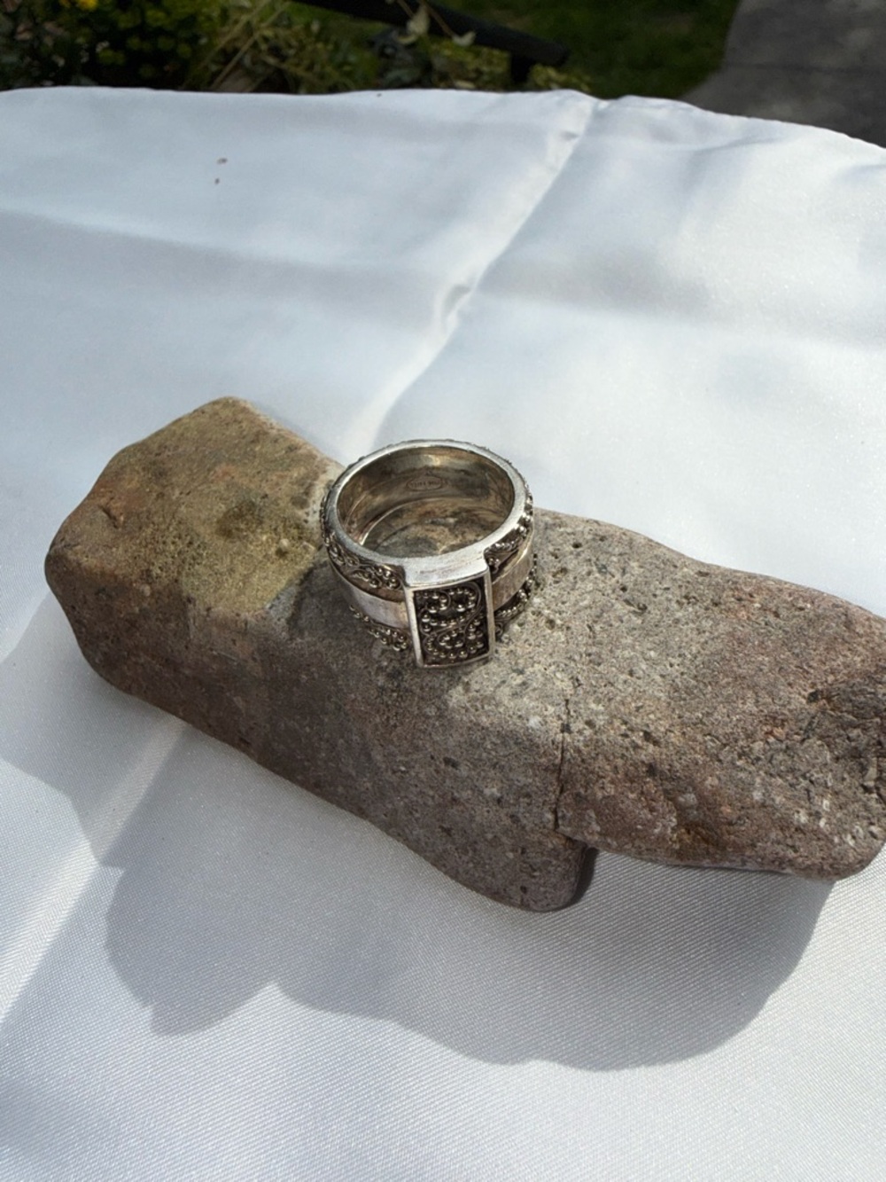 Lois Hill Silver Tone Statement Ring with Ornate Detailing
